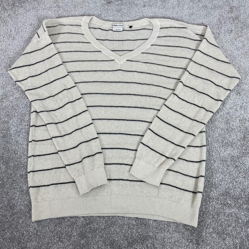 Prana Sweater Womens Large Organic Cotton Wool Knit Striped V Neck Cream Milani